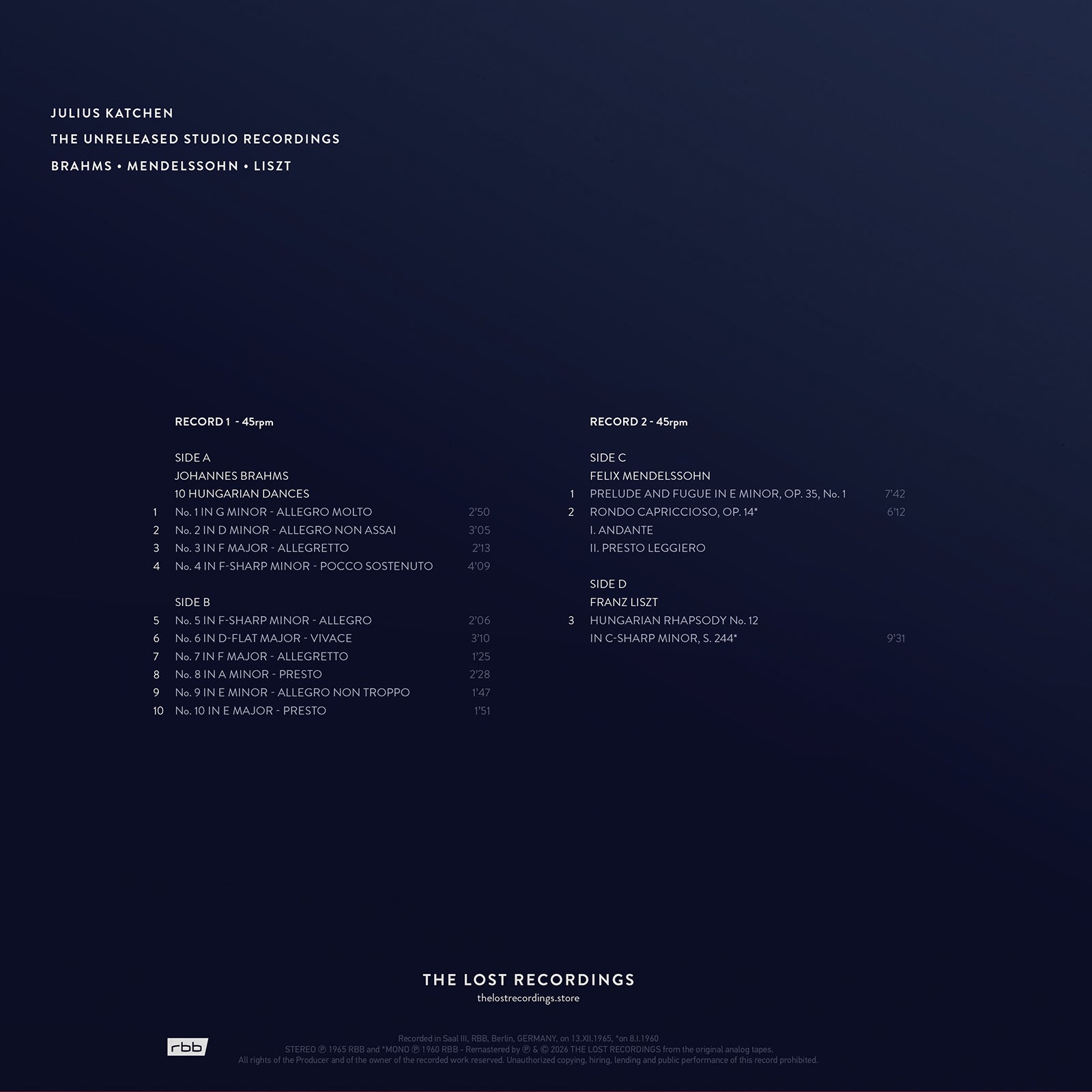Julius Katchen – The Unreleased Studio Recordings – Double Vinyl