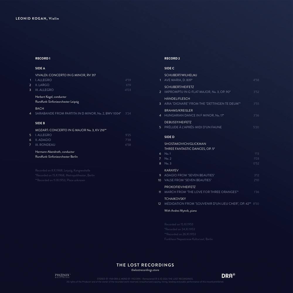 LEONID KOGAN - The Unreleased German Recordings Vol. I - Double Vinyle - dos avec tracklist